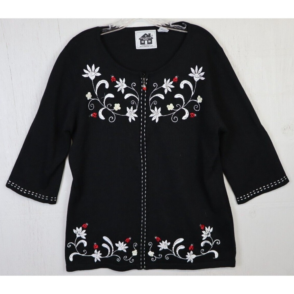 Vintage Storybrook Knits Sweater Womens Size L Embroidered Ladybug Garden Black